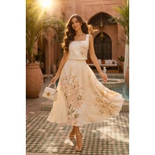 Asprin Fashion Baskılı Kare Yaka Etek Bluz Takım