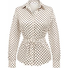 Mixray 4865 Kadın Puantiyeli Belden Bağlamalı Saten Gömlek Ekru