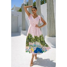 Asprin Fashion Palmiye Baskılı Kemerli Elbise Mavi
