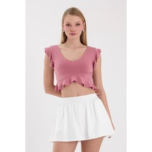 Lamodemapass Kadın Pembe Volanlı Crop Top BLZ-00255