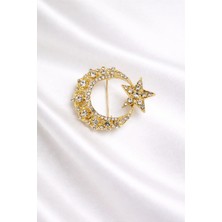 Modex Parlak Taş Detay Özel Tasarım Ay Yıldız Broş (3cm)