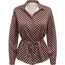 Mixray 4865 Kadın Puantiyeli Belden Bağlamalı Saten Gömlek Kahve