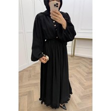 Neşeli Butik Kadın Siyah Eteği Fırfırlı Düğme Detaylı Pamuklu Salaş Tesettür Elbise NMS086