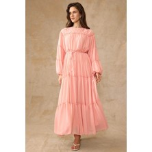 Olcay Büzgü Detaylı Şifon Elbise Somon 9416-E