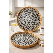2'li El Yapımı Doğal Rattan Tepsi Sedef Desenli Yuvarlak Sunum Tepsisi 30-33 cm Siyah