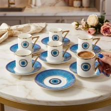 Fair Home Nazar Boncuğu Dekorlu Gold Detaylı Üçgen Kulp 6 Kişilik Porselen Kahve Fincan Takımı