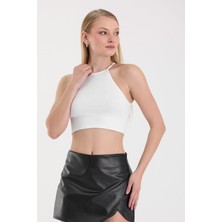 Lamodemapass Kadın Beyaz Bisiklet Yaka Crop Top BLZ-00187