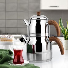 PremiumPort Ayperi Çelik Çaydanlık ve Suluk Seti, Ahşap Kulp, Aile Boyu, 1,50 Lt ve 3 Lt