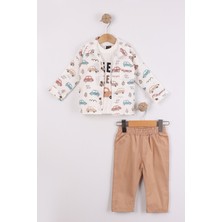 Joy Kids Erkek Bebek Uzun Kollu Müslin Gömlek Keten Pantolon (9-24AY) (Beyaz-Kahve)