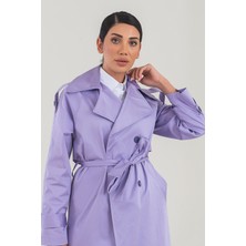 Sahra Çeyiz Nakış SahraAfra Kadın Oversize Lila Trençkot %65 Pamuk Ceket Yaka Modern Tasarım