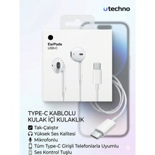 Type-C Kablolu Kulaklık Tak-Çalıştır Yüksek Ses Kalitesi Mikrofonlu Tüm Usb-C Telefonlarla Uyumlu Beyaz Renk Utechno