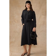 Olcay Beli Büzgülü Düğme Kapamalı Modal Elbise Siyah 9452-E