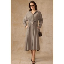 Olcay Beli Büzgülü Düğme Kapamalı Modal Elbise Vizon 9452-E