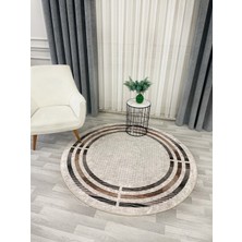 Brillant Bej Renk Çizgi Desenli Yuvarlak Kaymaz Taban Çerçeveli Halı