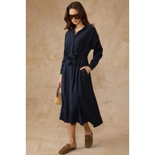 Olcay Beli Büzgülü Düğme Kapamalı Modal Elbise Lacivert 9452-E