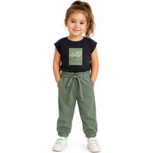 Ant Girl Kız Çocuk Papatya Desenli Tişört Aerobin Pantolonlu Siyah Renk İkili Takım