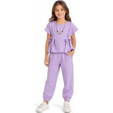 Ant Girl Kız Çocuk Kolyeli Yandan Bağlamalı Tişört Pantolonlu Lila Renk İkili Takım