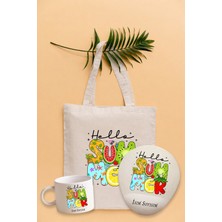 Texkid Kişiye Özel Hello Summer Yazı Tasarımlı Bez Çanta Mousepad ve Mug Kupa Set