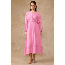 Olcay Şerit Detaylı Beli Lastikli Müslin Elbise Pembe 9453-E