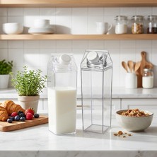 royalgross 8’li Avantaj Paketi 1000 ml Şeffaf Süt Kutusu Tasarımlı Akrilik Matara - Çok Amaçlı Şişe Seti