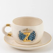BSK Ceramics Handmade Harfli Mavi Melek Kanatlı Çay Fincanı Z Harfi