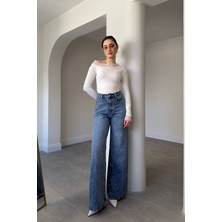 Magarde Wide Leg Önü Taşlı Jean- Mavi