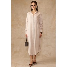 Olcay Düğme Kapamalı Salaş Keten Elbise Bej 9456-E