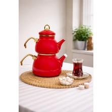 PremiumPort Emaye Mini Çaydanlık Seti 1,6l, 0,5l Demlik ve 1,1l Suluk, Kırmızı