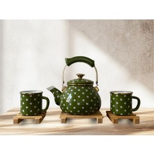 PremiumPort Retro Emaye Çaydanlık ve Kupa Takımı – 6 Parça Puantiyeli Yeşil Set