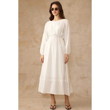 Olcay Şerit Detaylı Beli Lastikli Müslin Elbise Ekru 9453-E