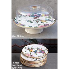 Pinkev Flora 7 Parça Seramik Kek Fanuslu Pasta Sunum Tabağı Takımı