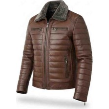 Moda Erkek Kahverengi Yakası Kürklü Fermuarlı Içi Astarlı Hakiki Deri Mont Ceket
