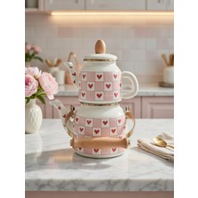 PremiumPort Retro Pembe Damalı Kalp Desenli Emaye Çaydanlık ve Takım