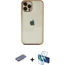 İlk El Grup Ieg™ iPhone 12 Pro Max Kılıf Vadi Minimal - Siyah 3D Antistatik Cam Ekran Koruyucu + Pembe Renkli Kamera Lens Koruma Cam