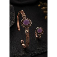 İyyaKe Kadın Bakır Bileklik Yüzük Set Doğal Mor Ametist Taşlı Otantik Model Set