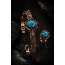 İyyaKe Kadın Bakır Bileklik Yüzük Set Doğal Firuze Taşlı Otantik Model Set