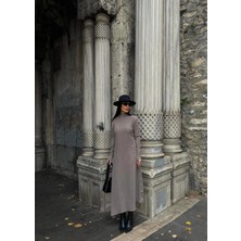 Beei Boğazlı Kalın Bürümcük Uzun Elbise Vizon