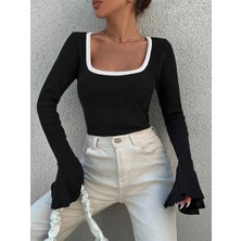 Beei Kare Yaka Garni Detay Ispanyol Kol Bluz Siyah