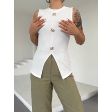 Beei Kadın Beyaz Bisiklet Yaka Gold Düğmeli Ottoman Bluz