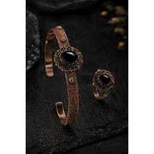 İyyaKe Kadın Bakır Bileklik Yüzük Set Doğal Siyah Oniks Taşlı Otantik Model Set