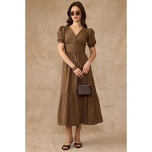 Olcay Drape Detaylı Karpuz Kol Pamuklu Elbise Vizon 9457-E