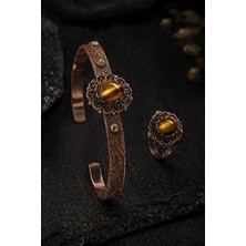 İyyaKe Kadın Bakır Bileklik Yüzük Set Doğal Siyah Oniks Taşlı Otantik Model Set