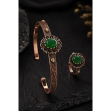 İyyaKe Kadın Bakır Bileklik Yüzük Set Doğal Yeşil Akik Taşlı Otantik Model Set