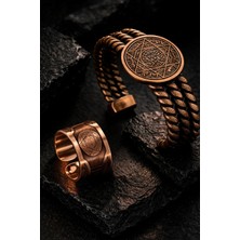İyyaKe Erkek Bakır Bileklik ve Yüzük Seti Hz. Süleyman Mührü Işlemeli %100 Bakır Set