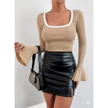 Beei Kare Yaka Garni Detay Ispanyol Kol Bluz Bej