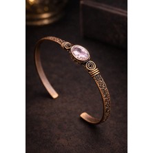 İyyaKe Kadın Bakır Bileklik Doğal Pembe Zirkon Taşlı Oval Model Bakır Bilezik