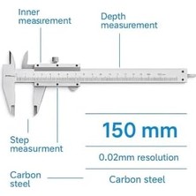 Analog Kumpas, 150 Mm, 0.02 mm Hassasiyetli Ölçüm Aleti, Karbon Çelik Gövde, Iç Dış Derinlik ve Ölçüm Uygunluğu ile Teknik Kaliper