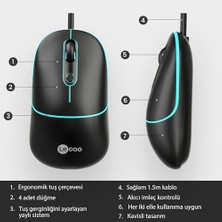 MS110 USB Kablolu 2400DPI 4 Tuşlu Rgb Sessiz Click Optik Mouse - Pc, Mac, Dizüstü Bilgisayar ile Uyumlu, Tak Çalıştır Kolay Bağlantı, Sağ ve Sol Elle Kullanıma Uygun, Kompakt Mouse Siyah