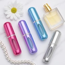 Mini Doldurulabilir Parfüm Şişesi – Taşınabilir Seyahat Boy Atomizer Cep Sprey Seti, Pompalı Dolum Kabı, Kompakt, Sızdırmaz ve Dayanıklı Tasarım (Modern, 4 Adet-Pembe, Lila, Açık Mavi, Gümüş)
