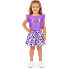 Ant Girl Kız Çocuk Papatya Desenli Crop Tişörtlü Mor Renk Şortlu Takım